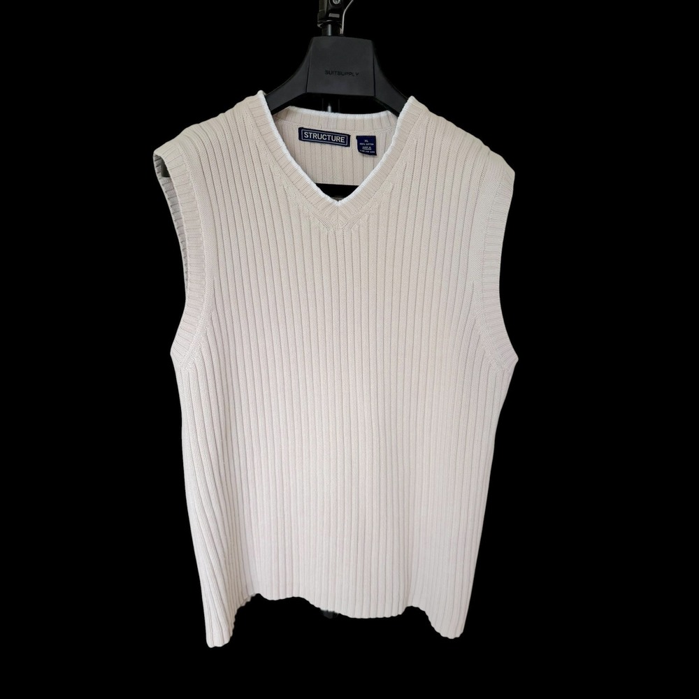 90's Structure XL Beige Ribbed V-Neck Cotton Sweater Vest SP2000-003